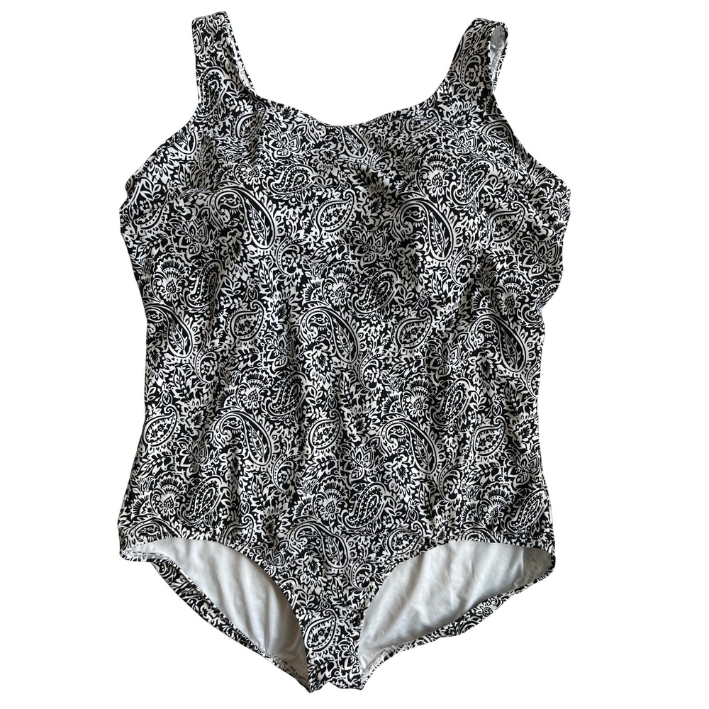 Lands End Womens Plus Size 26W Black White Paisley One Piece Swimsuit Scoop Neck